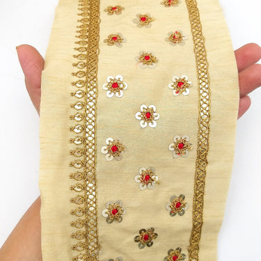 Beige Silk Trim In Red and Gold Sequins Floral Embroidery, Indian Sari Border Trim By Yard Decorative Trim Craft Lace